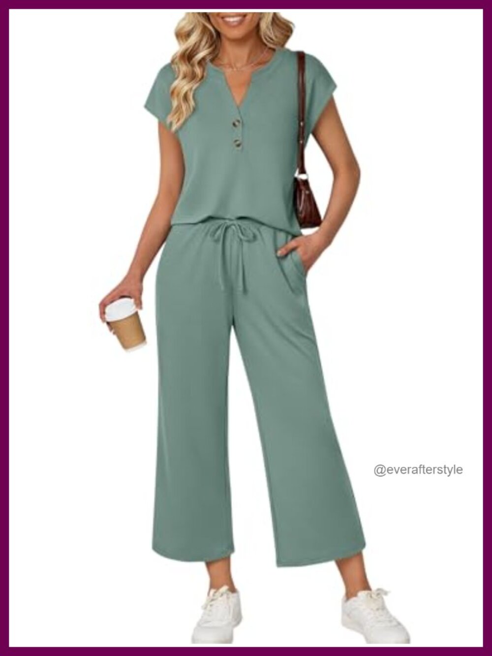 Womens 2 Piece Lounge Set V-Neck Button Top Cropped Wide Leg Pants
